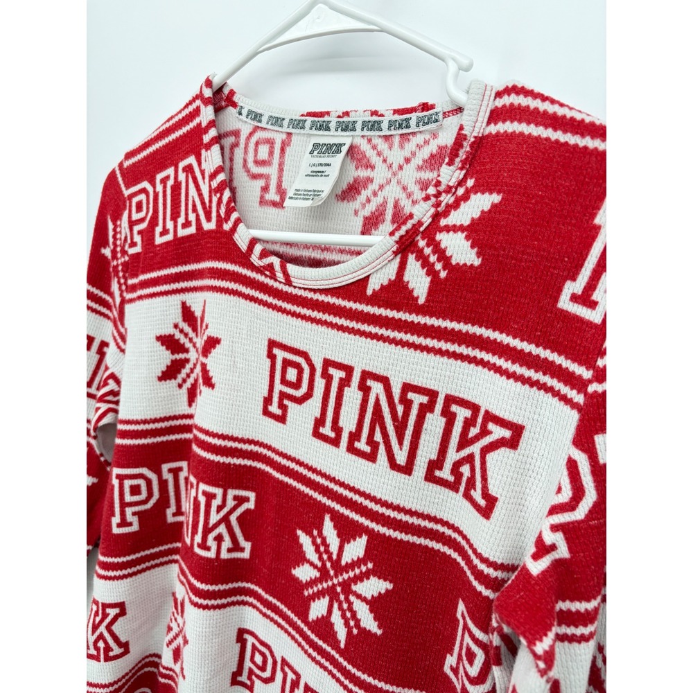 PINK Victorias Secret Pajama Top Large Red White Snowflake Waffle Knit Christmas